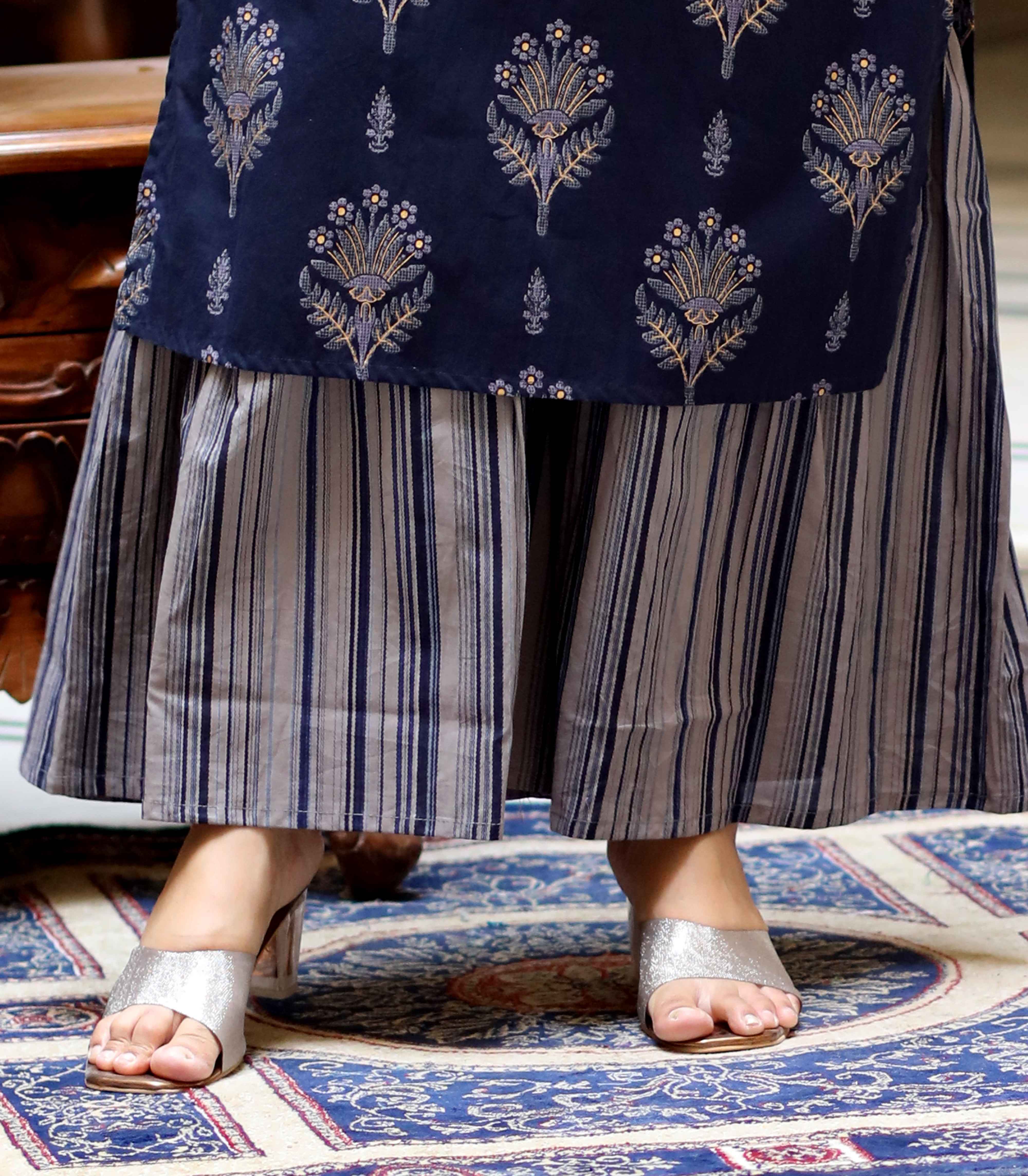 Blue Floral Cotton Kurta with Grey Sharara Set